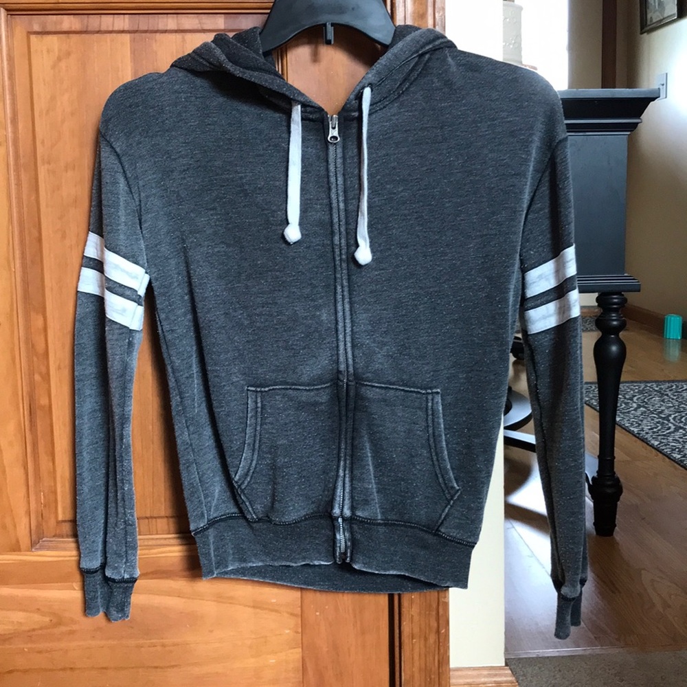 Distressed hooded zip up jacket